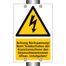 Achtung Rückspannung! Beim Teilabschalten der Kranstromschiene den Stromschienentrenner öffnen. Unfallgefahr!