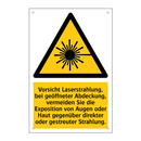 Vorsicht Laserstrahlung, bei geöffneter Abdeckung, vermeiden Sie die Exposition von Augen oder Haut gegenüber direkter oder gestreuter Strahlung.