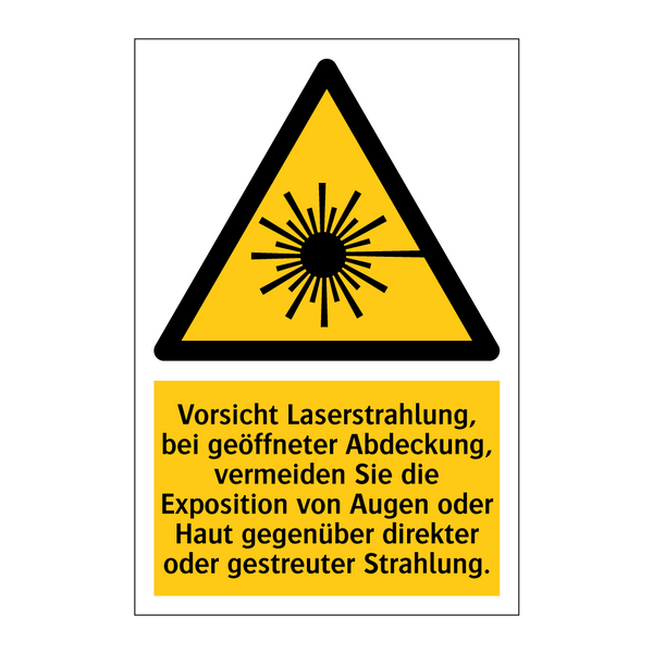 Vorsicht Laserstrahlung, bei geöffneter Abdeckung, vermeiden Sie die Exposition von Augen oder Haut gegenüber direkter oder gestreuter Strahlung.