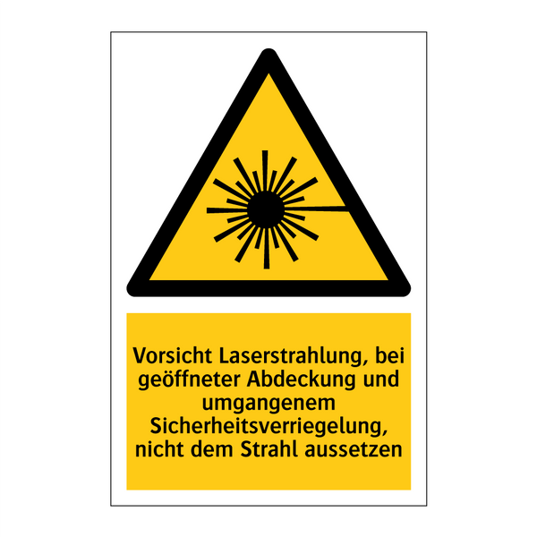 Vorsicht Laserstrahlung, bei geöffneter Abdeckung und umgangenem Sicherheitsverriegelung, nicht dem Strahl aussetzen
