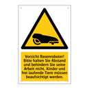 Vorsicht Rasenroboter! Bitte halten Sie Abstand und behindern Sie seine Arbeit nicht, Kinder und frei laufende Tiere müssen beaufsichtigt werden.