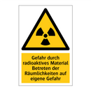 Gefahr durch radioaktives Material Betreten der Räumlichkeiten auf eigene Gefahr