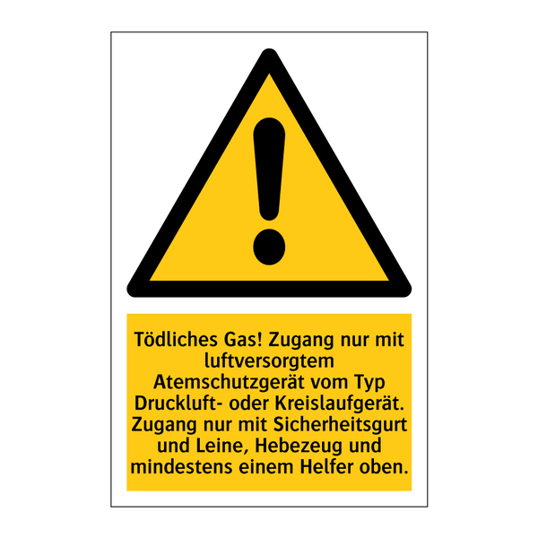 Tödliches Gas! Zugang nur mit luftversorgtem Atemschutzgerät vom Typ Druckluft- oder Kreislaufgerät. Zugang nur mit Sicherheitsgurt und Leine, Hebezeug und mindestens einem Helfer oben.
