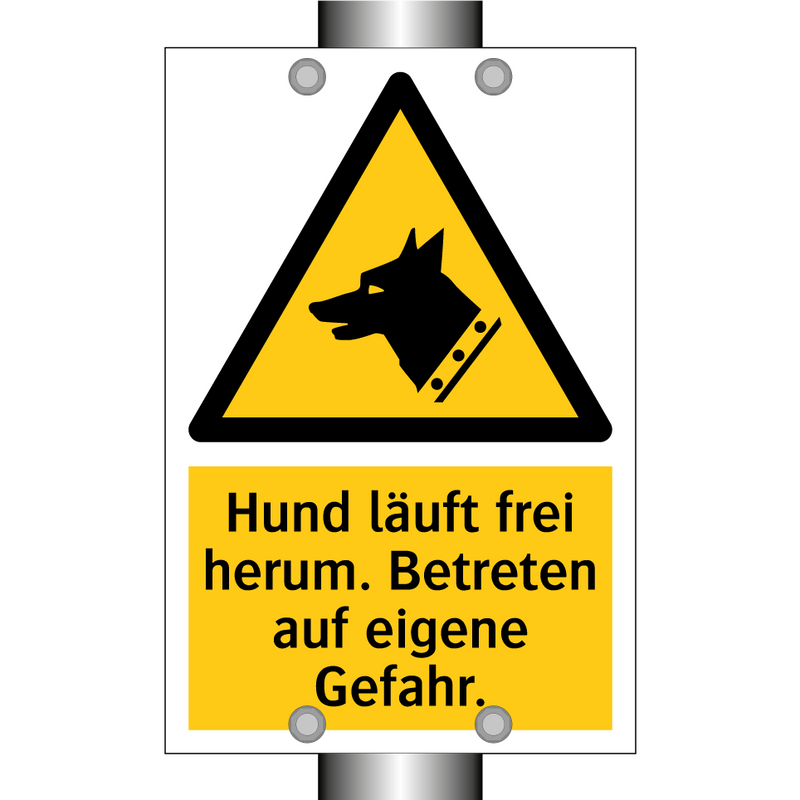 Hund läuft frei herum. Betreten auf eigene Gefahr.