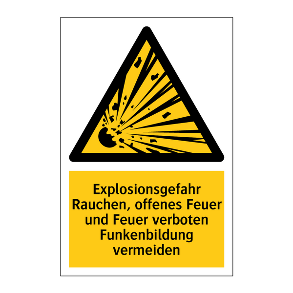 Explosionsgefahr Rauchen, offenes Feuer und Feuer verboten Funkenbildung vermeiden