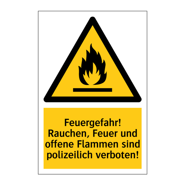 Feuergefahr! Rauchen, Feuer und offene Flammen sind polizeilich verboten!
