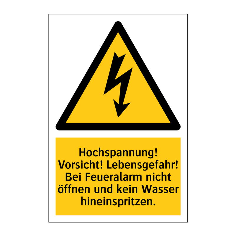 Hochspannung! Vorsicht! Lebensgefahr! Bei Feueralarm nicht öffnen und kein Wasser hineinspritzen.