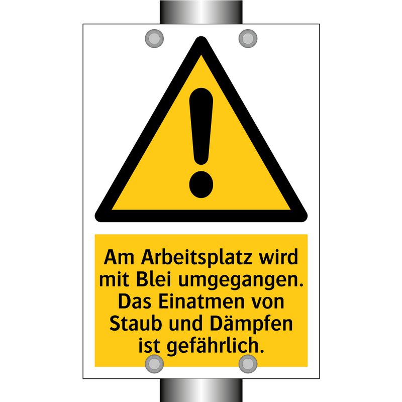 Am Arbeitsplatz wird mit Blei umgegangen. Das Einatmen von Staub und Dämpfen ist gefährlich.