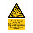 Anlage für Flüssiggas Brand- und Explosionsgefahr Rauchen und Umgang mit offenem Feuer oder Flamme verboten