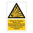 Anlage für Flüssiggas Brand- und Explosionsgefahr Rauchen und Umgang mit offenem Feuer oder Flamme verboten