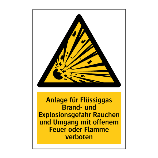 Anlage für Flüssiggas Brand- und Explosionsgefahr Rauchen und Umgang mit offenem Feuer oder Flamme verboten