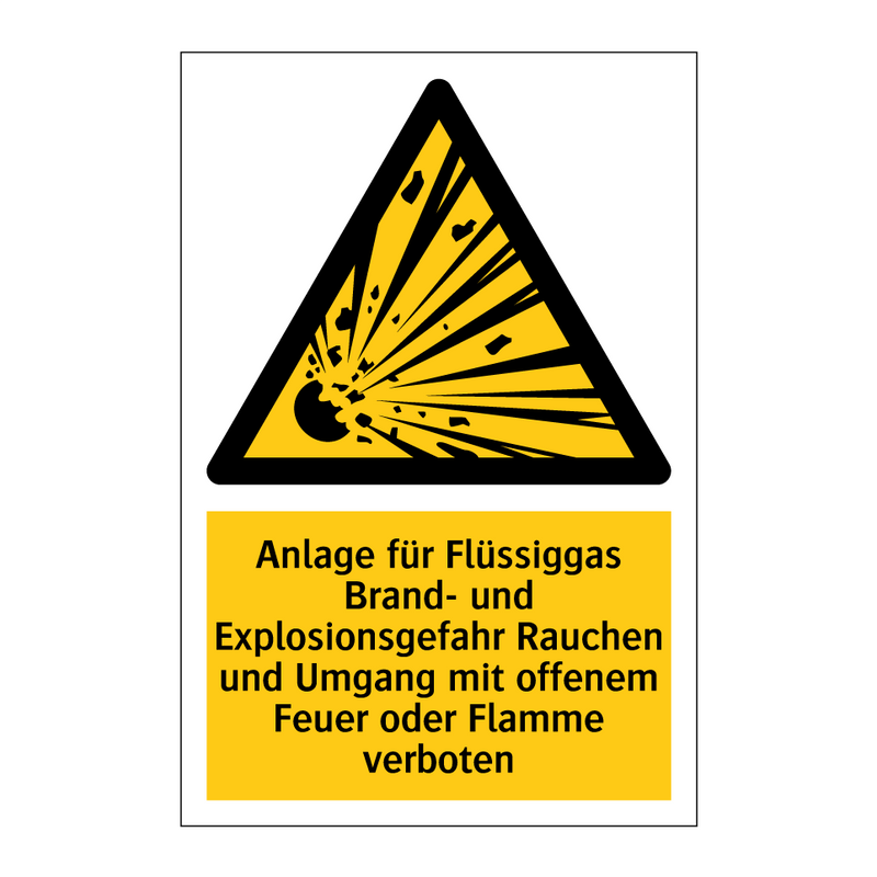 Anlage für Flüssiggas Brand- und Explosionsgefahr Rauchen und Umgang mit offenem Feuer oder Flamme verboten