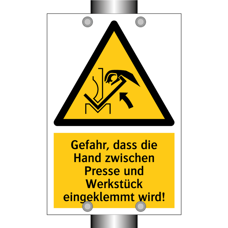 Gefahr, dass die Hand zwischen Presse und Werkstück eingeklemmt wird!