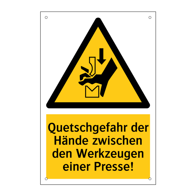 Quetschgefahr der Hände zwischen den Werkzeugen einer Presse!