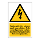 Testbereich Hier können auch ungeschützte Teile unter Spannung stehen. Zutritt nur für autorisierte Personen gestattet.