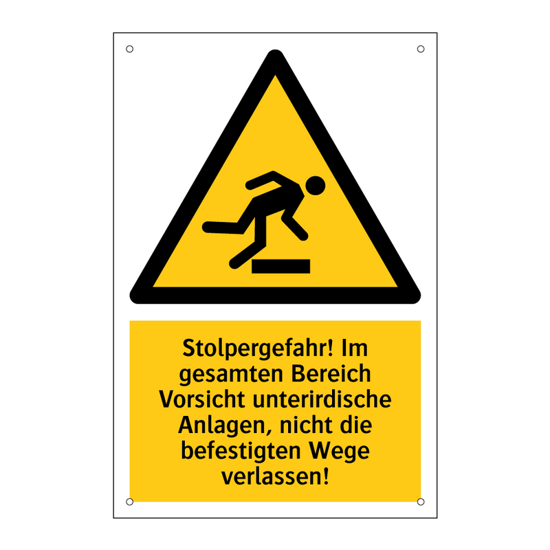 Stolpergefahr! Im gesamten Bereich Vorsicht unterirdische Anlagen, nicht die befestigten Wege verlassen!
