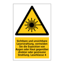 Sichtbare und unsichtbare Laserstrahlung, vermeiden Sie die Exposition von Augen oder Haut gegenüber direkter oder gestreuter Strahlung. Laserklasse 4