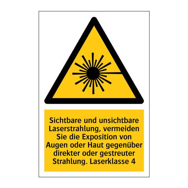 Sichtbare und unsichtbare Laserstrahlung, vermeiden Sie die Exposition von Augen oder Haut gegenüber direkter oder gestreuter Strahlung. Laserklasse 4