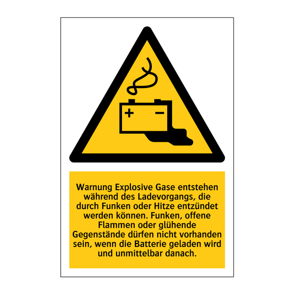 Warnung Explosive Gase entstehen während des Ladevorgangs, die durch Funken oder Hitze entzündet werden können. Funken, offene Flammen oder glühende Gegenstände dürfen nicht vorhanden sein, wenn die Batterie geladen wird und unmittelbar danach.