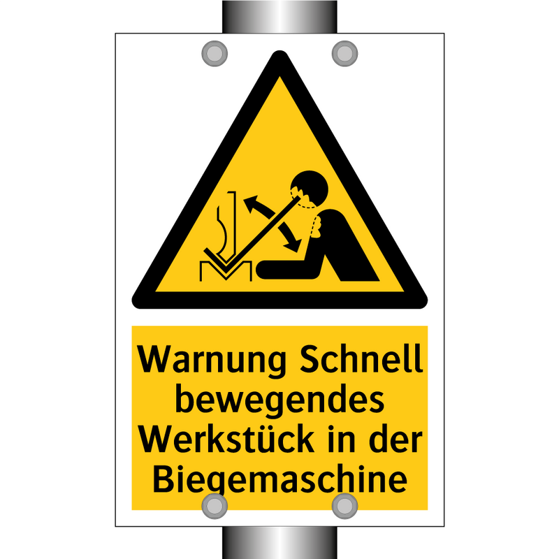 Warnung Schnell bewegendes Werkstück in der Biegemaschine