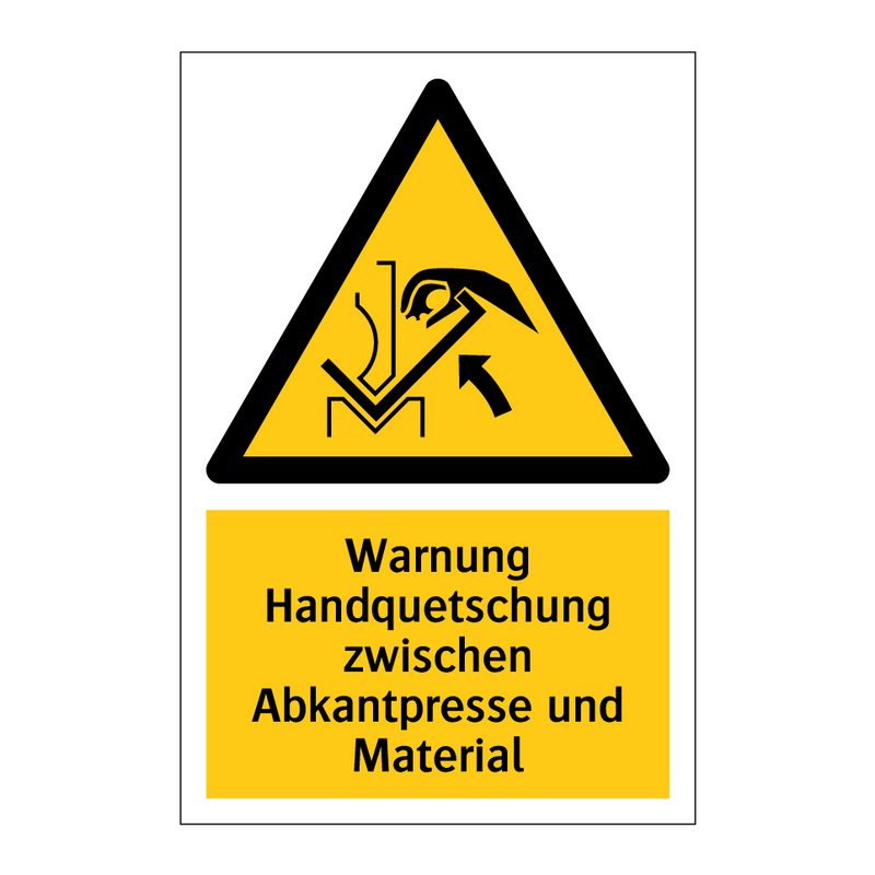 Warnung Handquetschung zwischen Abkantpresse und Material