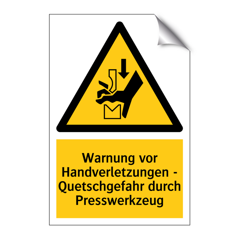 Warnung vor Handverletzungen - Quetschgefahr durch Presswerkzeug