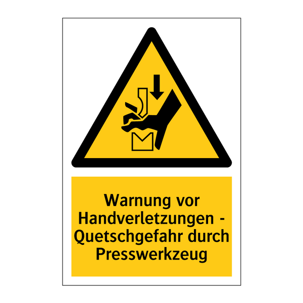 Warnung vor Handverletzungen - Quetschgefahr durch Presswerkzeug