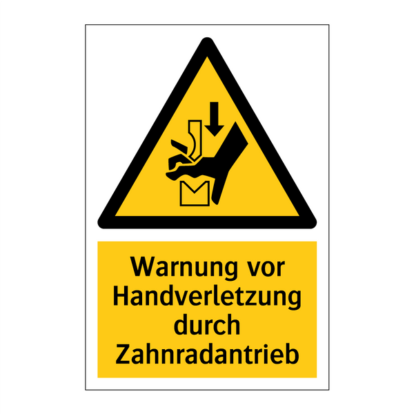 Warnung vor Handverletzung durch Zahnradantrieb