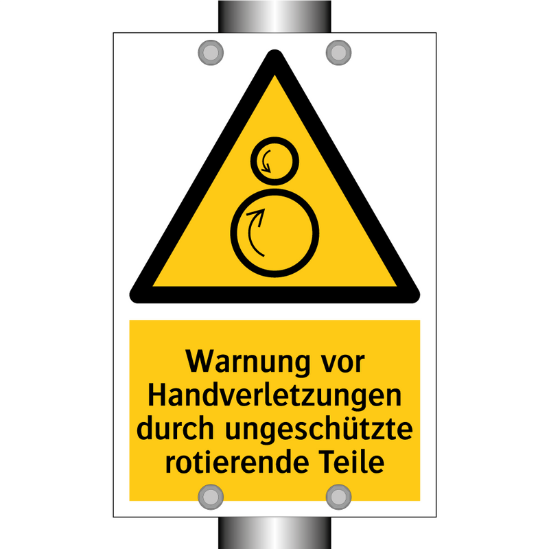 Warnung vor Handverletzungen durch ungeschützte rotierende Teile