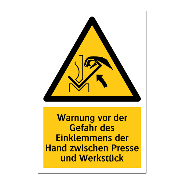 Warnung vor der Gefahr des Einklemmens der Hand zwischen Presse und Werkstück