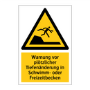 Warnung vor plötzlicher Tiefenänderung in Schwimm- oder Freizeitbecken