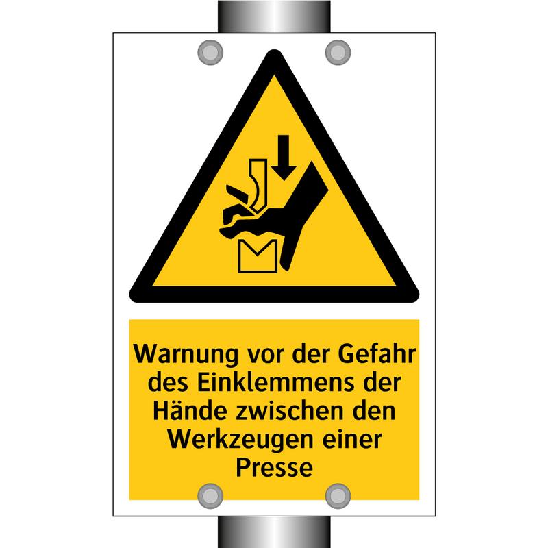Warnung vor der Gefahr des Einklemmens der Hände zwischen den Werkzeugen einer Presse
