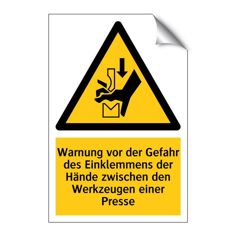 Warnung vor der Gefahr des Einklemmens der Hände zwischen den Werkzeugen einer Presse