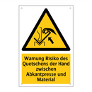 Warnung Risiko des Quetschens der Hand zwischen Abkantpresse und Material