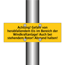 Achtung! Gefahr von herabfallendem Eis im Bereich der Windkraftanlage! Auch bei stehendem Rotor! Abstand halten!